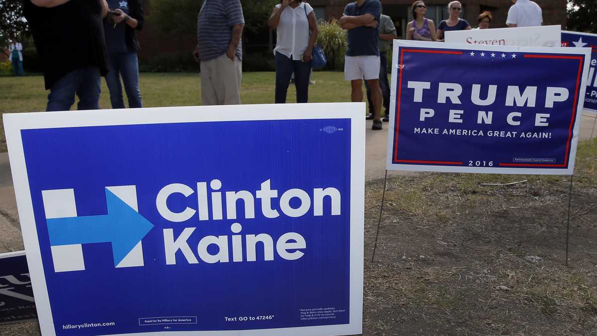 Campaign signs line a lawn near a polling place in Dallas