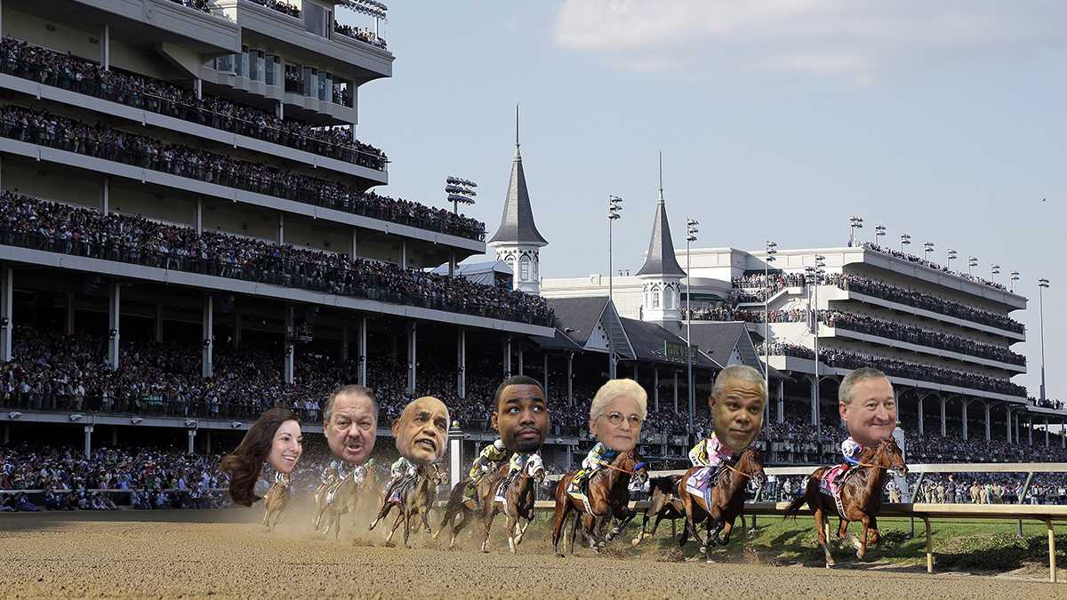   Horses make their way around turn one during the 141st running of the Kentucky Derby horse race at Churchill Downs on Saturday. Philly mayoral candidates' heads added later, of course, of course. (Original: AP Photo/Darron Cummings; NewsWorks illustration by Kimberly Paynter)  