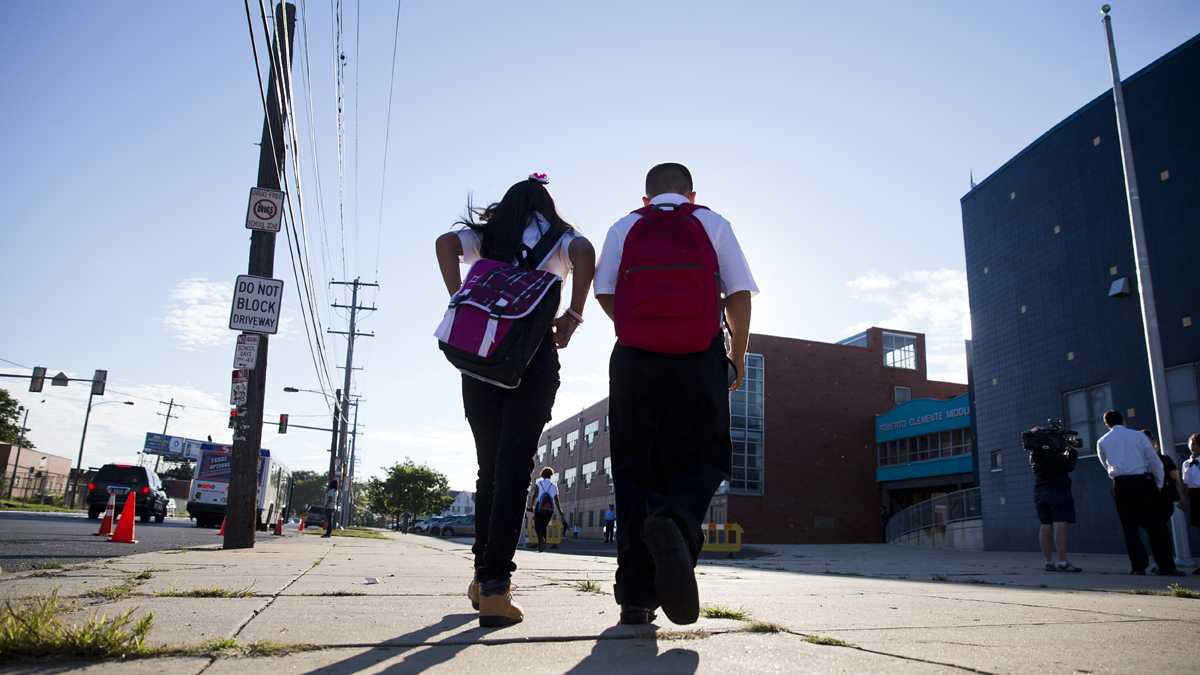 Students arrive on the first day of school in Philadelphia