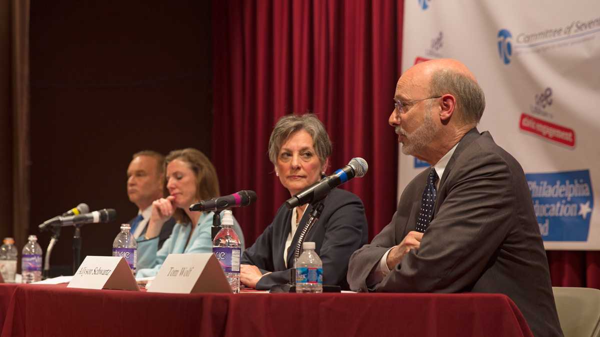  From left: Rob McCord, Katie McGinty, Allyson Schwartz, and Tom Wolf, Democratic candidates for Pennsylvania governor. (Lindsay Lazarski/WHYY, file) 