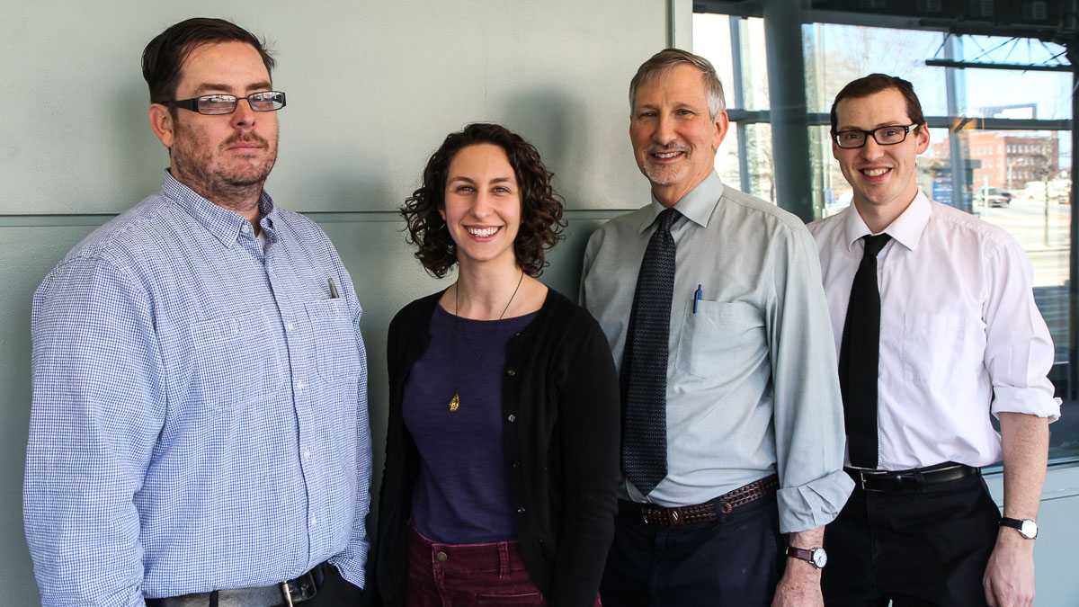  NewsWorks election-coverage team (L-R): Brian Hickey, Katie Colaneri, Dave Davies and Shai Ben-Yaacov. (Kimberly Paynter/WHYY) 
