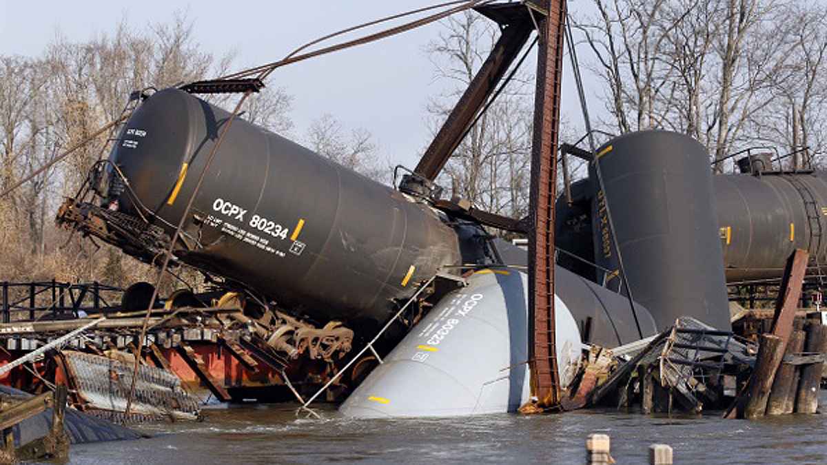  Freight train tank cars that derailed in Nov 2012 are seen in Mantua Creek in Paulsboro, N.J. (AP Photo/Mel Evans) 