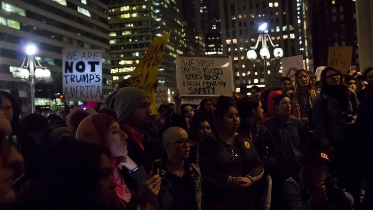 Protesters are shown at Philadelphia City Hall following the election of Donald Trump (Kimberly Paynter/WHYY)