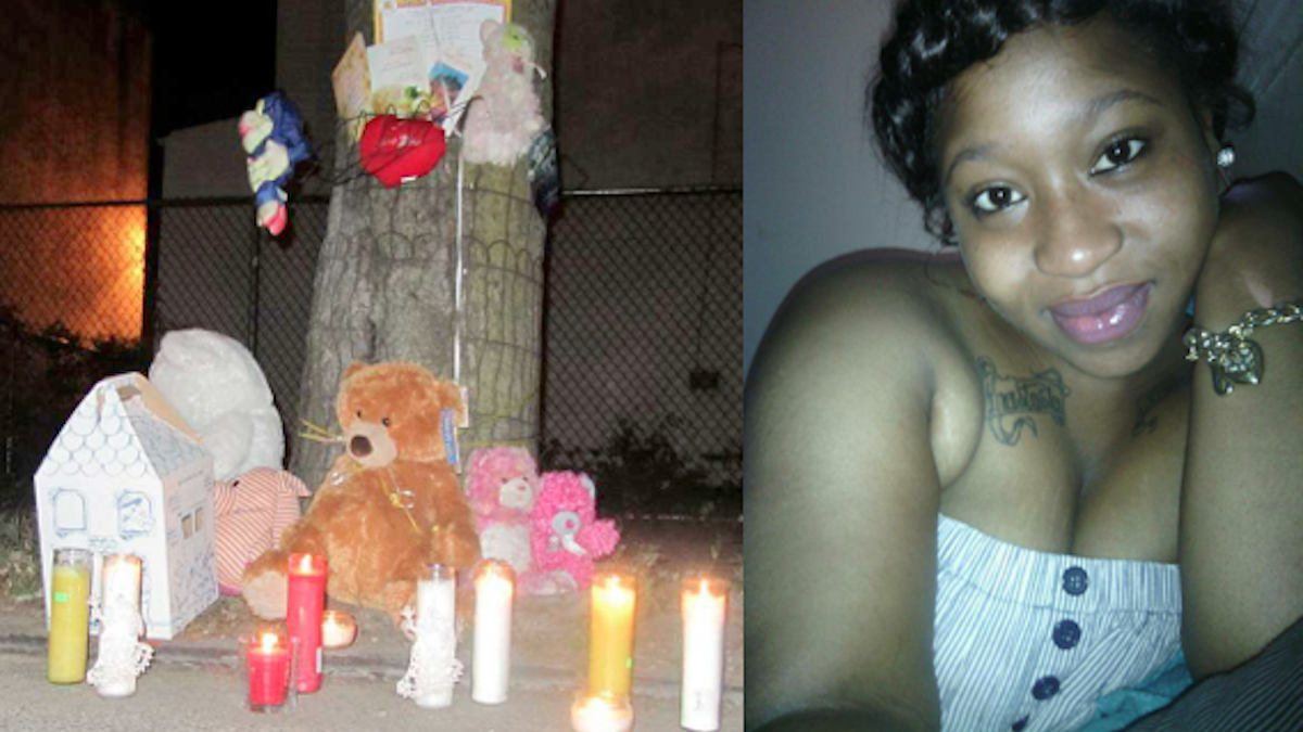  Candles, teddy bears and more mementos mark a memorial set up at the Nicetown corner where Ceeanna Pate (right) was fatally struck by a hit-and-run driver in Oct. 2013. (Brian Hickey/WHYY) 