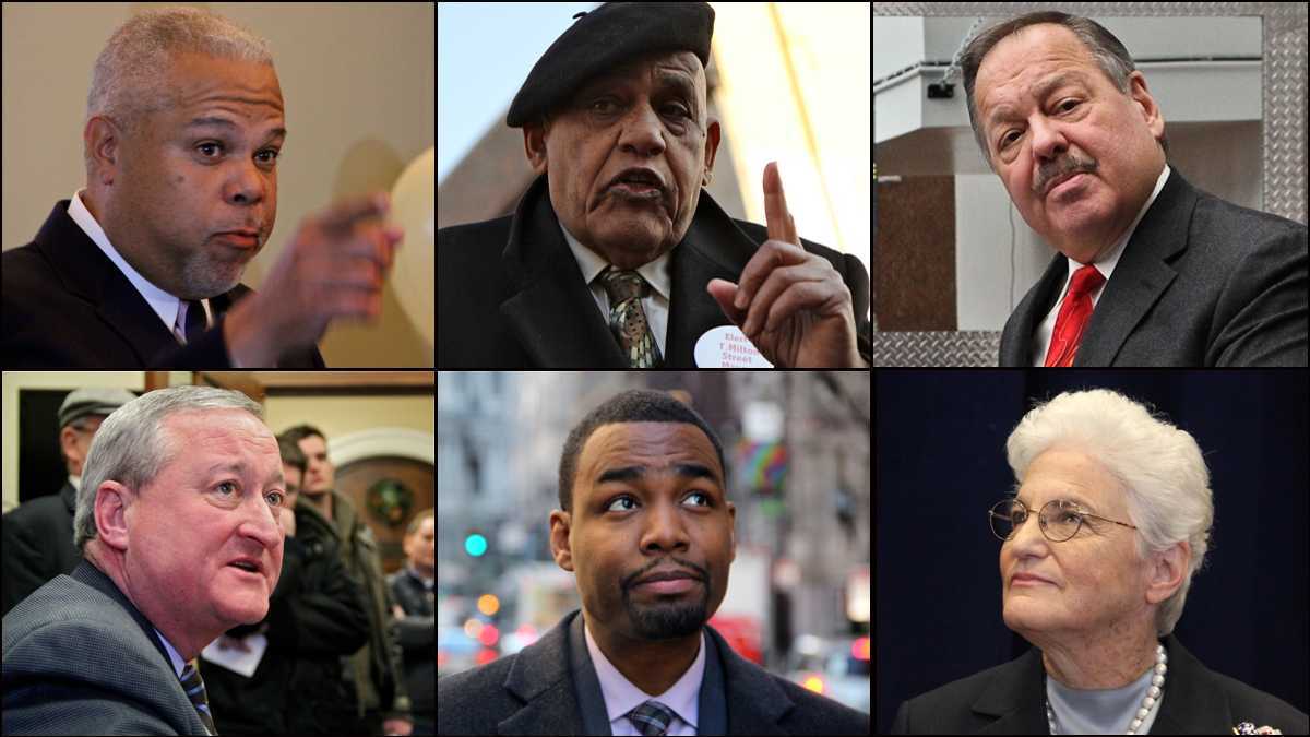  Clockwise from top left, Philadelphia Democratic mayoral candidates state Sen. Anthony Williams, Milton Street, Nelson Diaz, Jim Kenney, Doug Oliver, and Lynne Abraham. Kenney won the nomination.(NewsWorks file photos) 