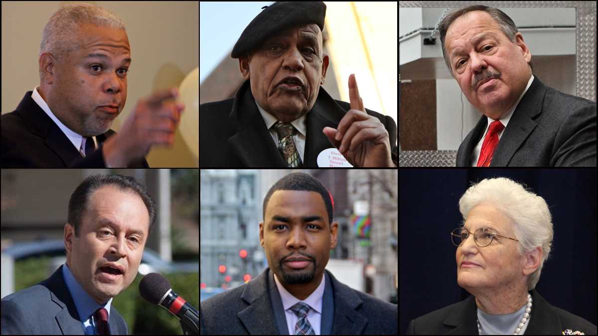   Candidates for mayor of Philadelphia (clockwise from top left) Anthony Hardy Williams, T. Milton Street, Nelson Diaz, Lynne Abraham, Doug Oliver, and Ken Trujillo. (NewsWorks file photos) 