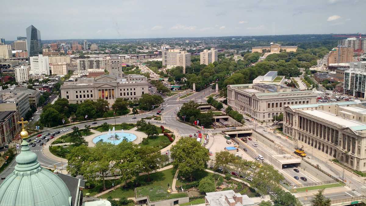 The view of the Benjamin Franklin Parkway from the Sheraton Philadelphia Downtown Hotel. It's expected to be filled with more than a million papal pilgrims at the end of the month.  (Katie Colaneri/WHYY)  