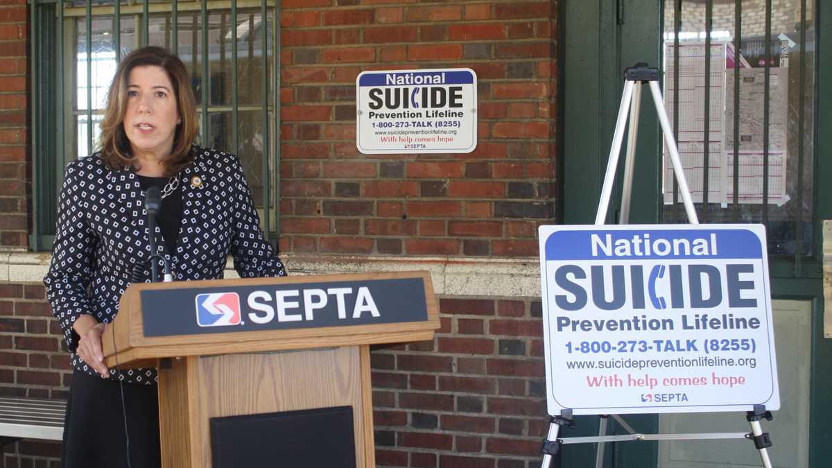  Montgomery County Commissioner Leslie Richards is shown in September announcing a program to put National Suicide Prevention Lifeline information in SEPTA stations. (Image courtesy of Montgomery County Emergency Services) 