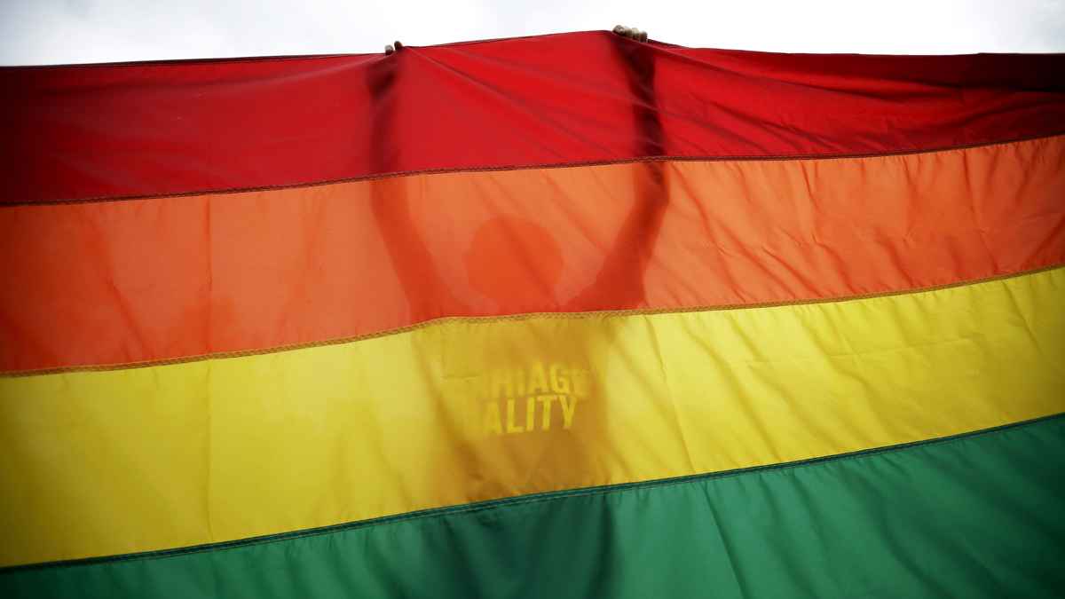  Sean Lewrence, of Philadelphia, holds up a flag during a June rally for gay marriage on Independence Mall. (AP Photo/Matt Slocum, file)  