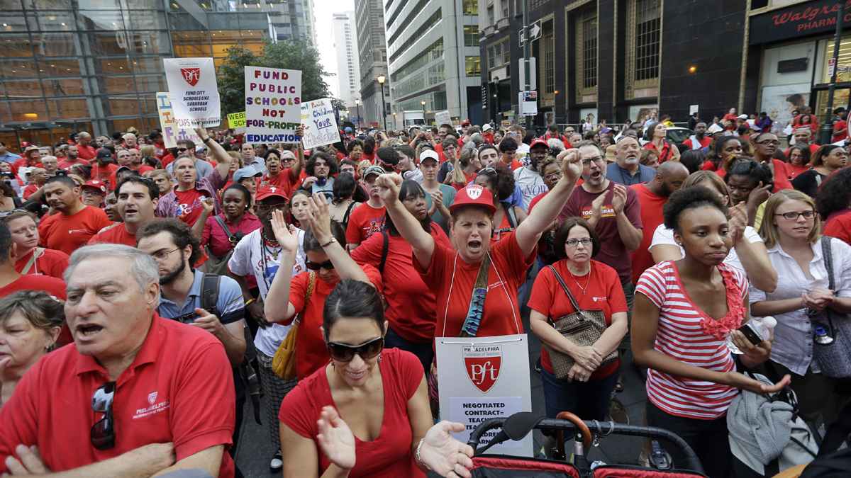Members of the Philadelphia Federation of Teachers at a center city rally. The U.S. Supreme Court decision Wednesday could cripple the political influence of teachers' unions. (Matt Rourke/AP Photo, file)