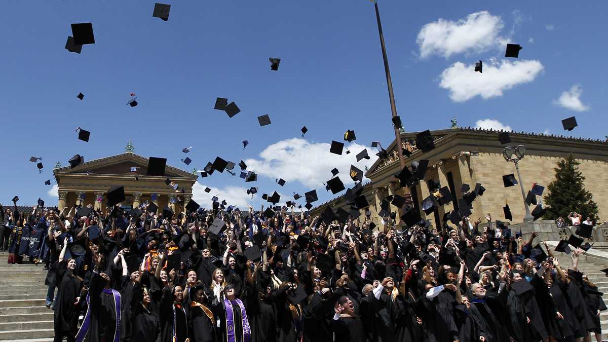  Graduating students are shown throwing their mortarboards in the air on the steps of the Philadelphia Museum of Art in a 2012 ceremony. (AP Photo/Alex Brandon, file) 