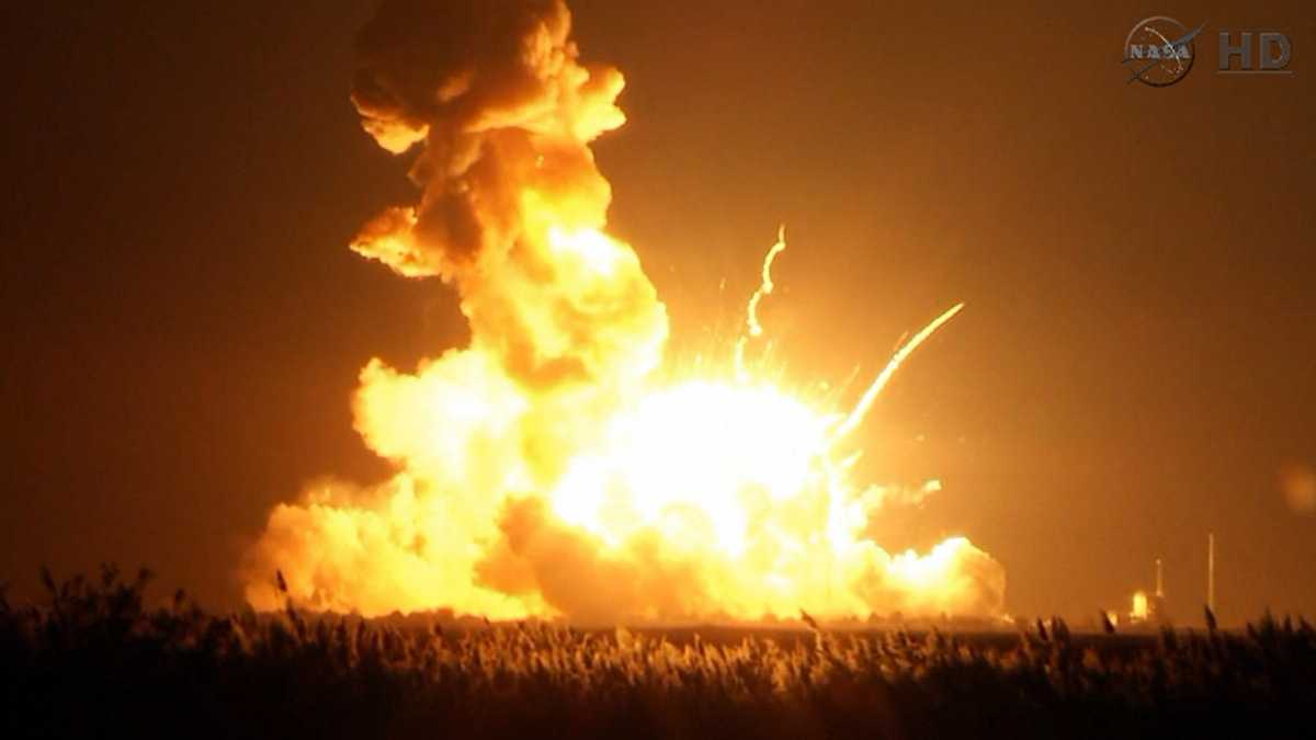  NASA TV shows Orbital Sciences Corp.'s unmanned rocket blowing up over the launch complex at Wallops Island, Virginia, just six seconds after liftoff. The company says no one was believed to be hurt and the damage appeared to be limited to the facilities. (AP Photo/NASA TV) 