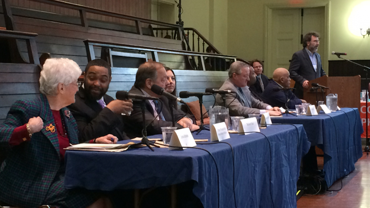  Six mayoral candidates (and one policy director) spoke up at the Better Mobility Forum in March. (Dena Driscoll/for NewsWorks)  