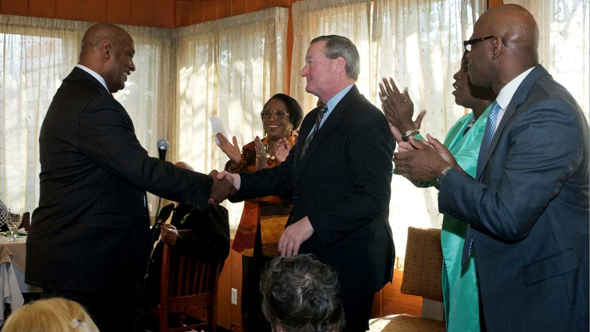  State Rep. Dwight Evans, who ran for mayor eight years ago, shakes Jim Kenney's hand at an April 6 endorsement event in West Oak Lane. (Bastiaan Slabbers/for NewsWorks) 