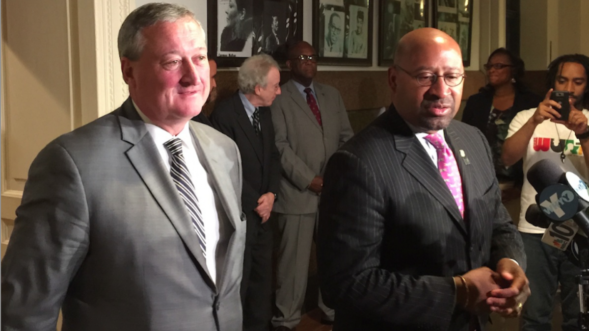  Mayor Michael Nutter met with Democratic-primary winner Jim Kenney last week at City Hall. (Brian Hickey/WHYY) 