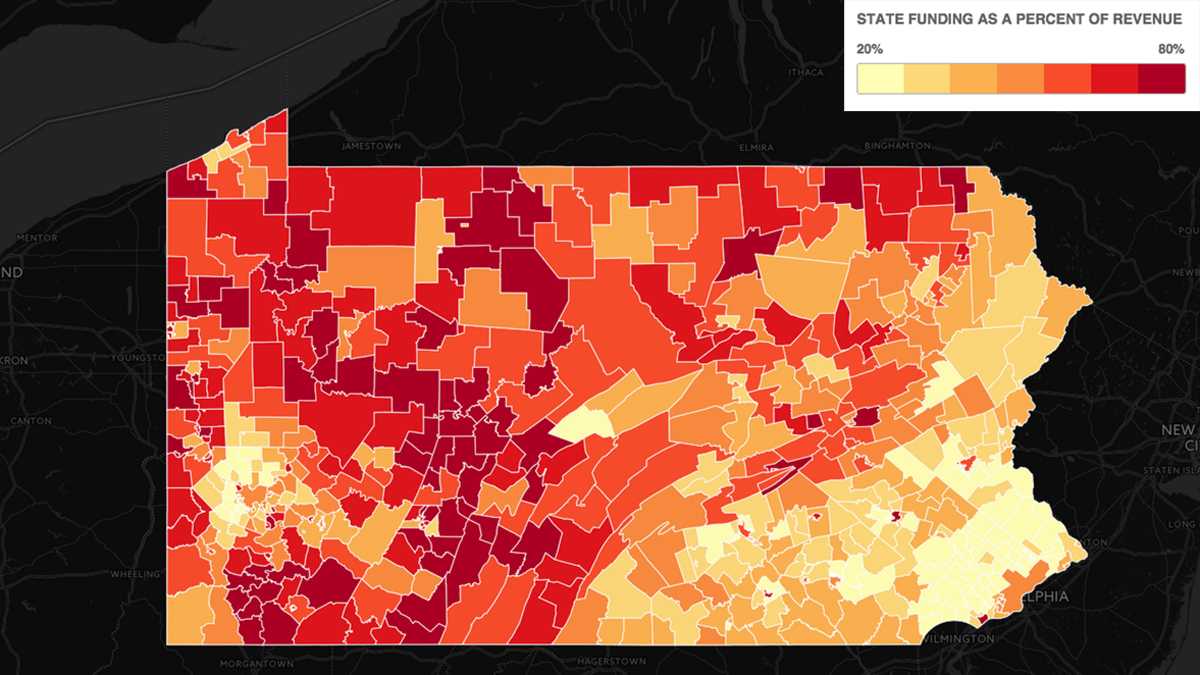  This map shows what proportion of school funding, by district, comes from the Commonwealth of Pennsylvania, according to 2015 data.  (Data visualization by Rachel Feierman) 