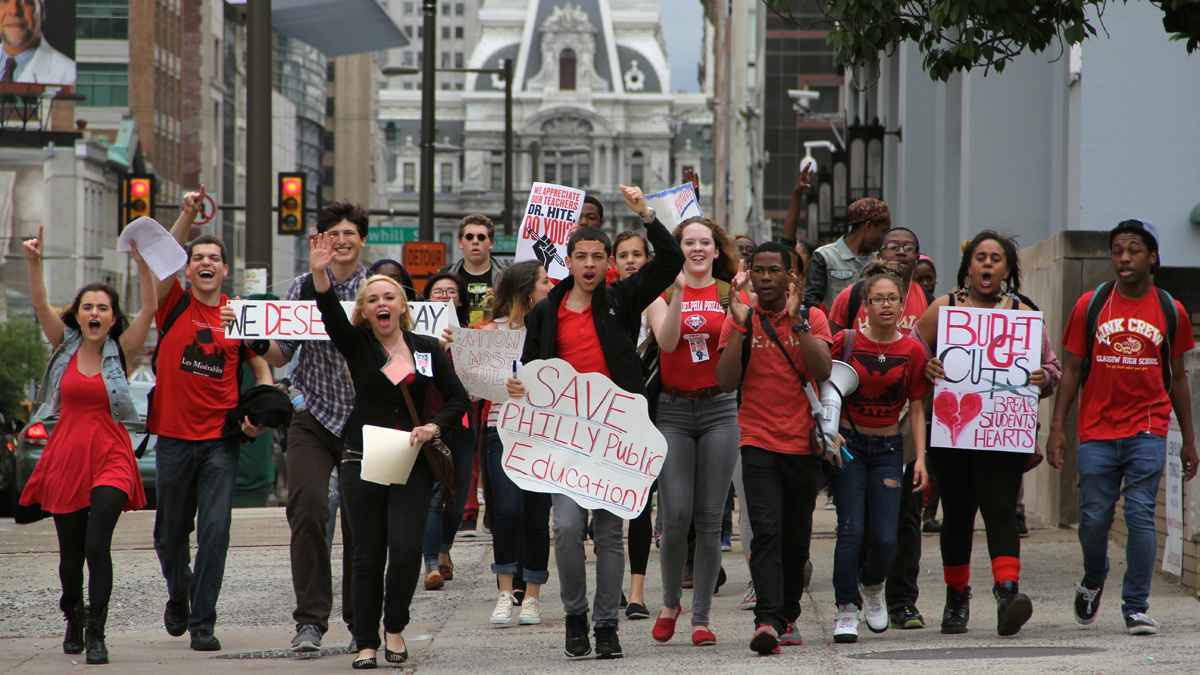  Philadelphia public high-school students march down Broad Street from City Hall to school district headquarters during a budget-cuts protest. (Emma Lee/for NewsWorks)  