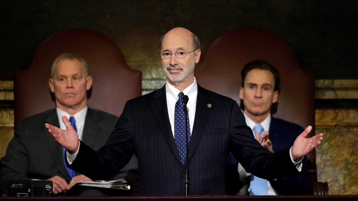  Pa. Gov. Tom Wolf is shown delivering his budget address for the 2015-16 fiscal year to a joint session of the state House and Senate in March. Behind him are the Speaker of the House of Representatives Mike Turzai, R-Allegheny, left, and Lt. Gov. Michael Stack, is at right. (Matt Rourke/AP Photo) 