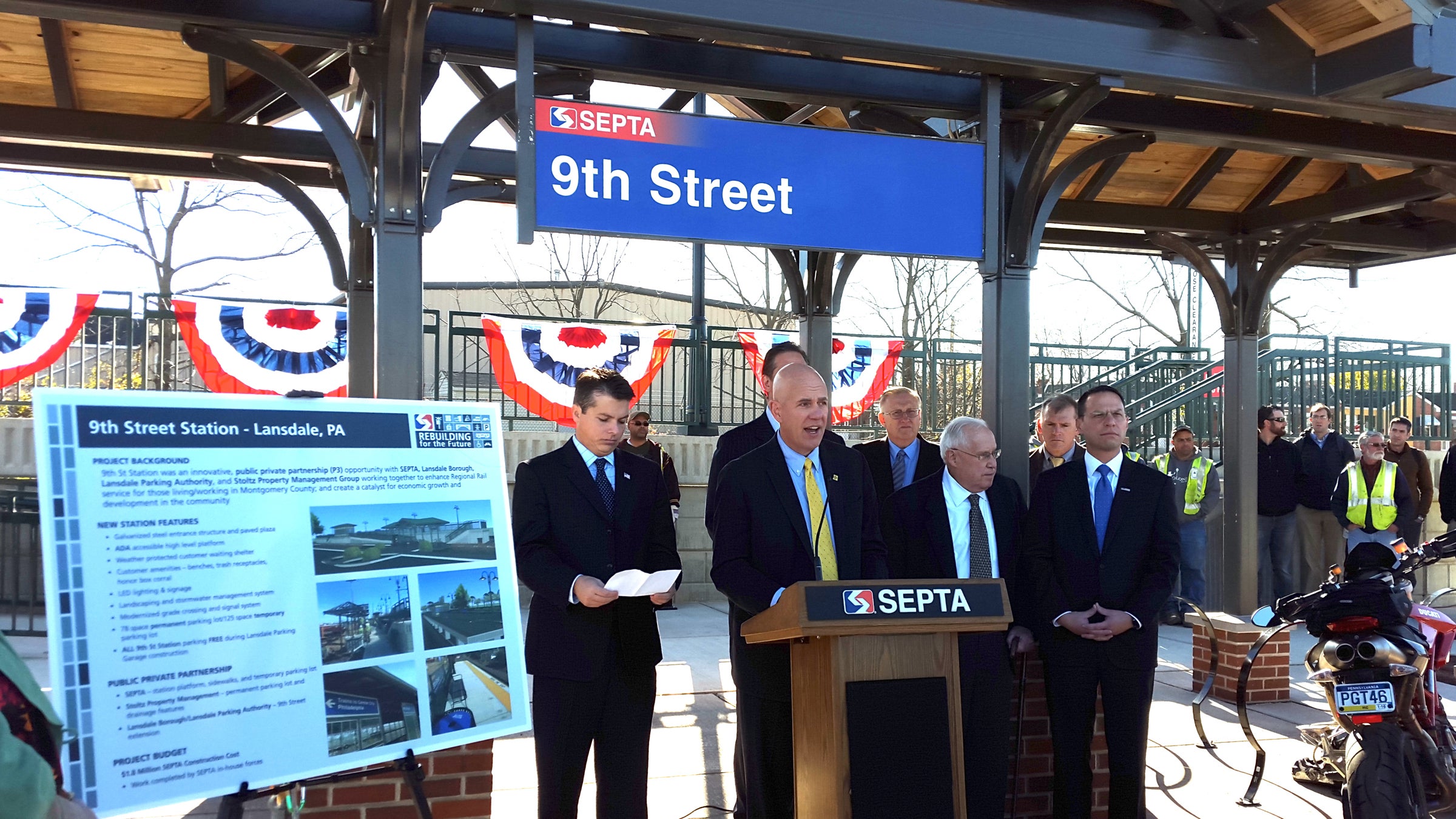  SEPTA general manager Jeff Knueppel introduces Lansdale's new Ninth Street Station, as, from left, Congressman Brendan Boyle, Lansdale Borough Manager Jacob Ziegler, state Rep. Bob Godshall, SEPTA Assistant General Manager Robert Lund and Montgomery County Commissioner Josh Shapiro look on. (Laura Benshoff/WHYY)  