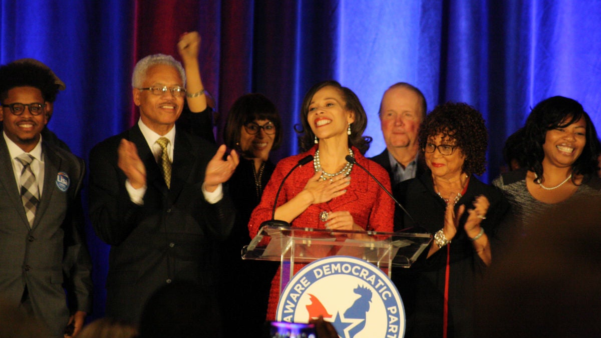 Lisa Blunt Rochester celebrates her win with family and friends in downtown Wilmington. (Mark Eichmann/WHYY)