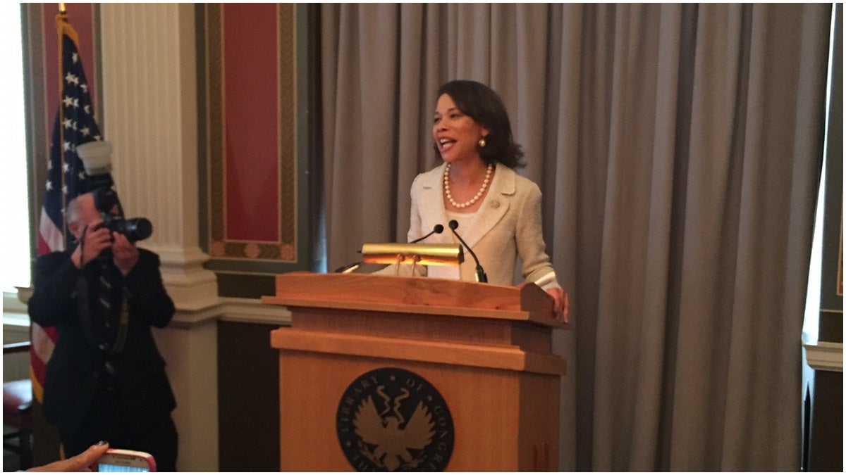 Rep. Lisa Blunt-Rochester speaking to supporters at a reception at the U.S. Capitol. (Paul Parmelee/WHYY)