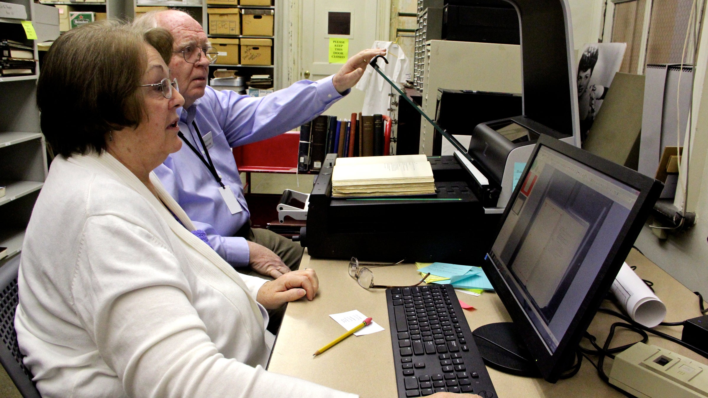 Margaret and Jerrol Syme of Mapleton, Utah, are digitizing genealogical records at the Historical Society of Pennsylvania. (Emma Lee/WHYY)