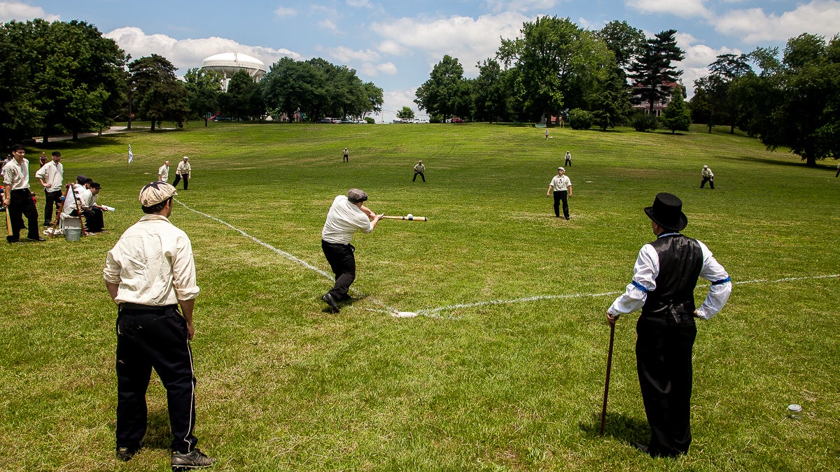  The Philadelphia Athletics take on the Kennett Square Mohicans at Ryerss Museum in Fox Chase. Both teams are part of the Mid-Atlantic Vintage Baseball League. (Brad Larrison/for NewsWorks) 