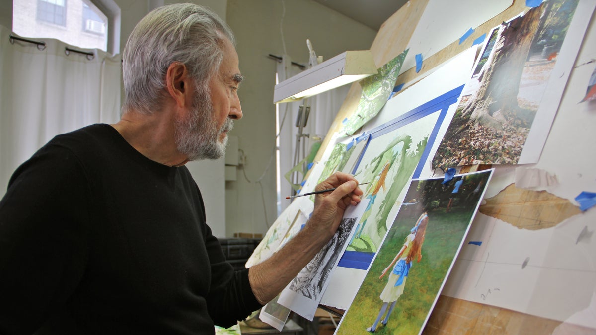 Illustrator Charles Santore works on a watercolor illustration for a new edition of Alice's Adventures in Wonderland. (Emma Lee/WHYY)