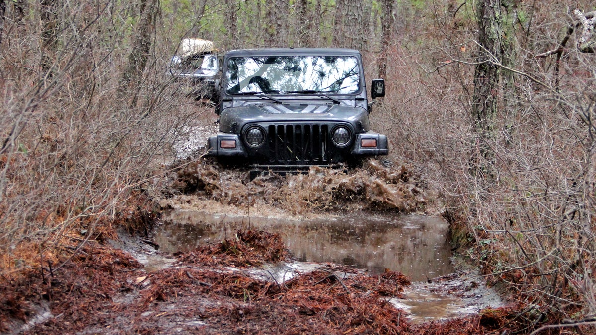 Four-wheel-drive trucks take on a flooded road in Wharton State Forest. (Emma Lee/WHYY)