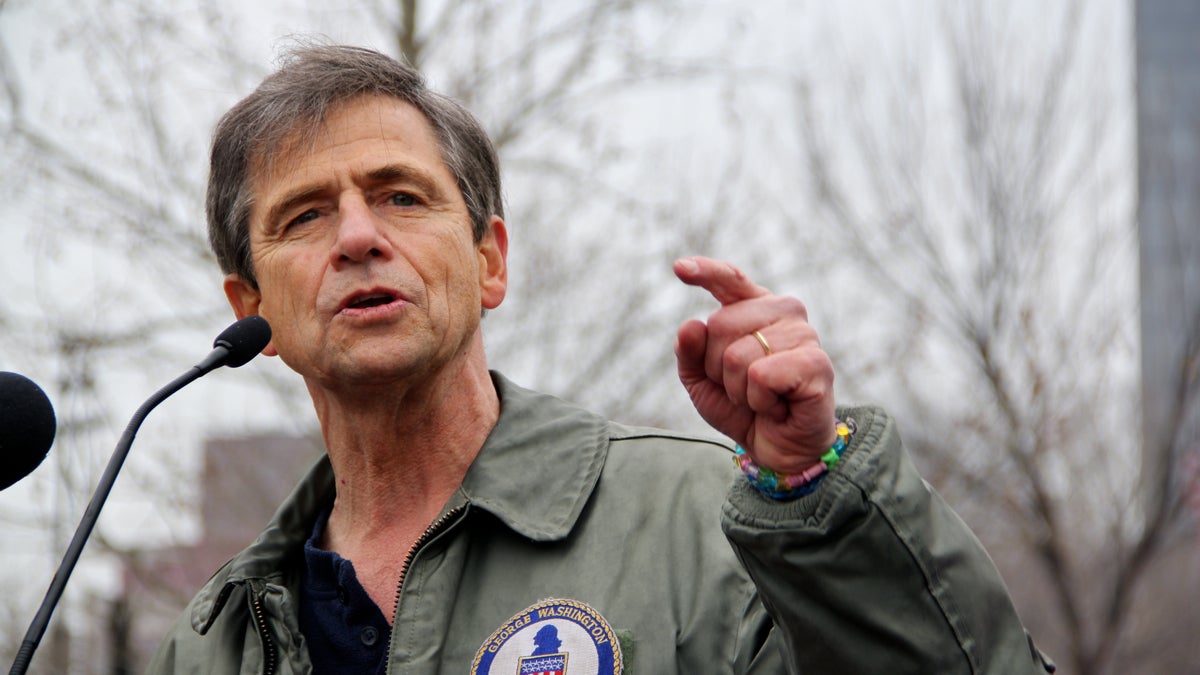 File photo: Joe Sestak announces his candidacy for U.S. Senate on Independence Mall in Philadelphia. (Emma Lee/WHYY)