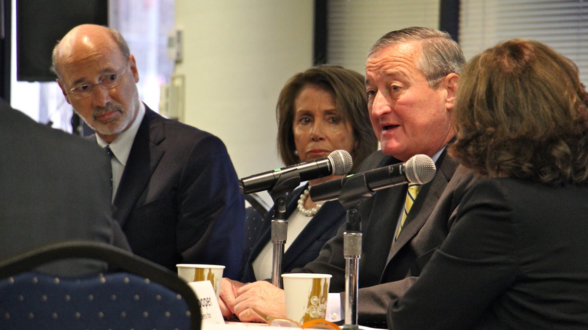 Mayor Jim Kenney shares his views on the importance of Pre-K education during a roundtable discussion at United Way of Greater Philadelphia that included (from left) Gov. Tom Wolf and House Democratic Leader Nancy Pelosi. (Emma Lee/WHYY)