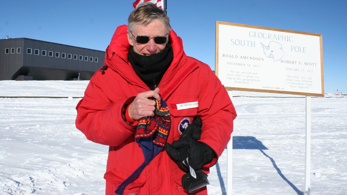 Tom Gaisser at the geographic South Pole. (Photo courtesy of Tom Gaisser)