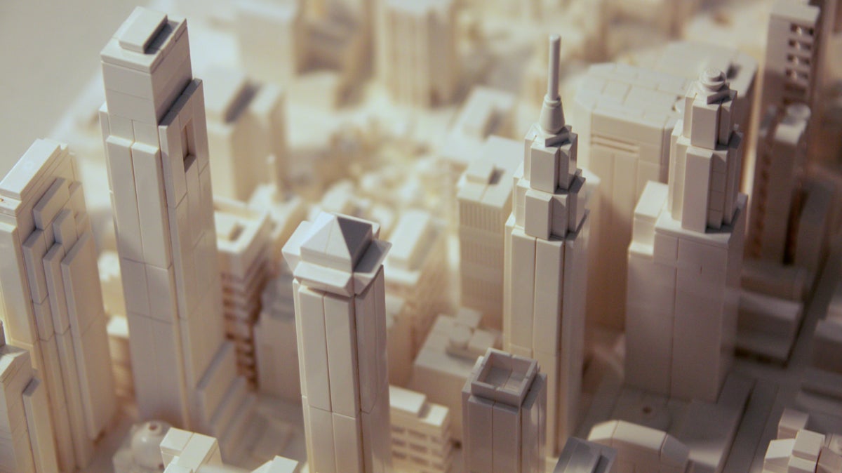  A portion of Levi Buffum's LEGOdelphia, with the Comcast building (left) and Liberty One and Two (right) (Nathaniel Hamilton/for NewsWorks) 