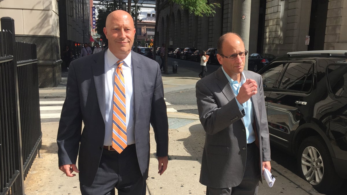 Harry Levant (right) leaves court with his defense attorney Trevan Borum. (Bobby Allyn/WHYY)