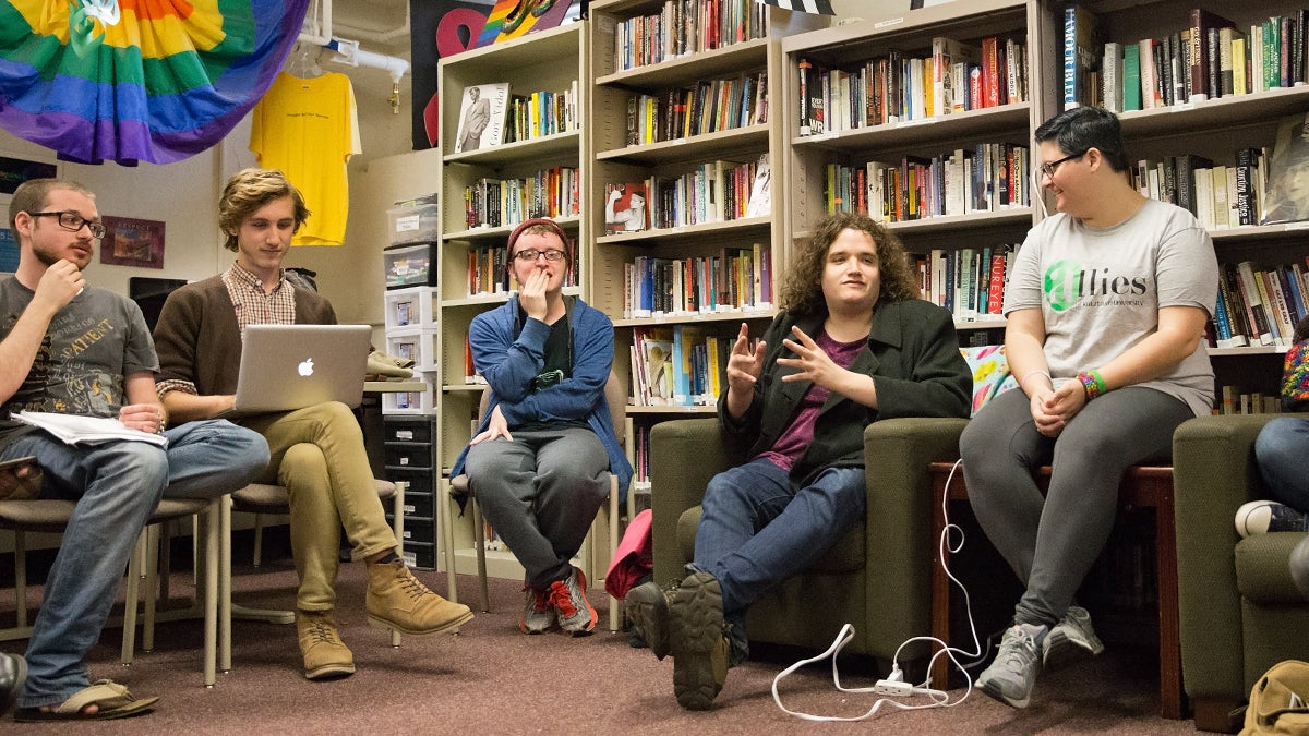  Students at Kutztown University discuss a proposed local law that would stop landlords from discriminating against people because they’re gay, lesbian, bisexual or transgender. (Lindsay Lazarski/WHYY)   