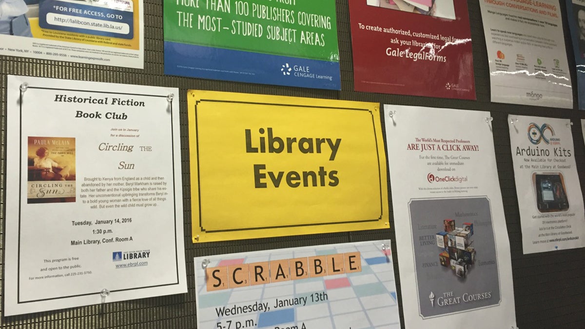 The posting board at the East Baton Rouge Parish library advertises the various events they offer.  (Ann Marie Awad/for WHYY)