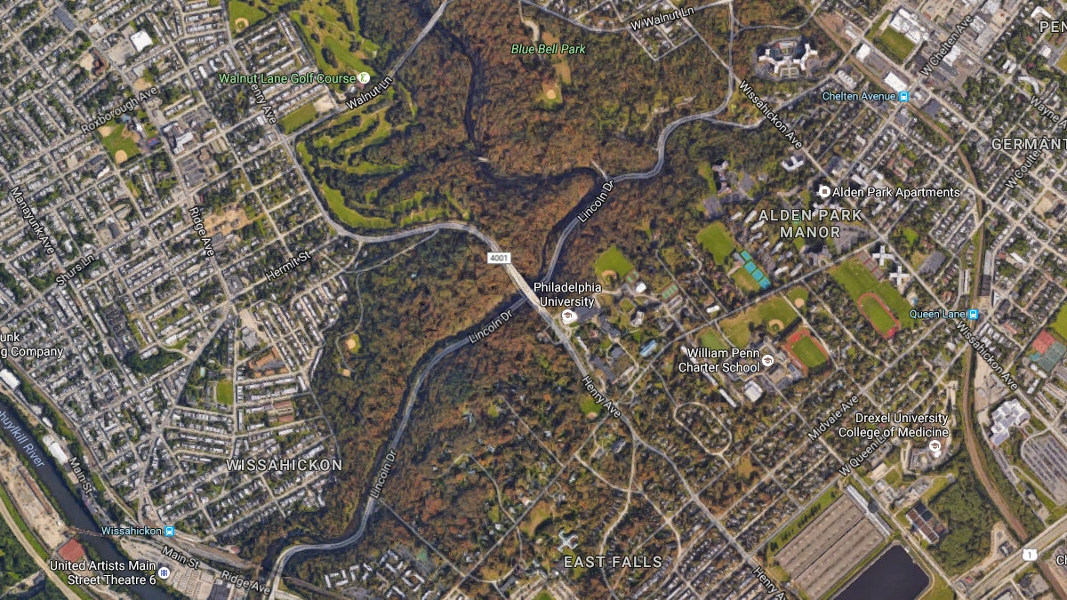 Lincoln Drive snakes along the Wissahickon Creek in Northwest Philadelphia. (Google Maps)