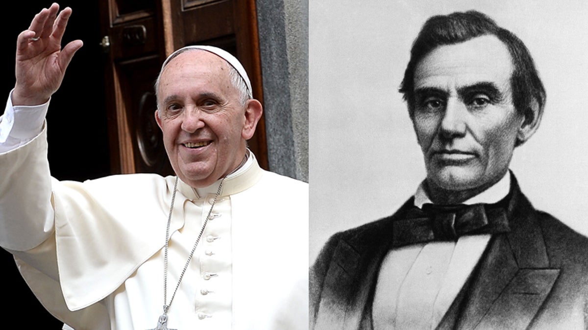  Pope Francis salutes the faithful gathered outside the hospital Cottolengo of Turin, northern Italy, in this June 21, 2015 file photo; President Abraham Lincoln is shown in a photograph by W.A. Thomson, in this Oct. 1858 file photo (Massimo Pinca and W.A. Thomson/AP Photos, File) 