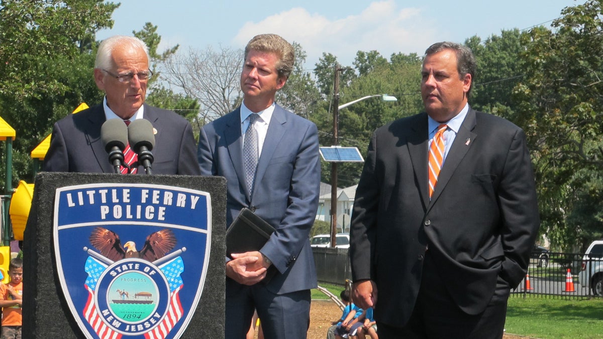  Congressman Bill Pascrell, HUD Secretary Shaun Donovan and Governor Chris Christie,  discuss the federal Sandy Rebuilding Task Force report in Little Ferry, New Jersey.  (Phil Gregory/WHYY) 