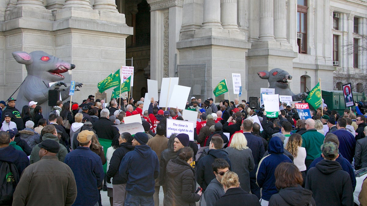  City union workers are shown rallying at Philadelphia City Hall in 2013. (Nathaniel Hamilton/for NewsWorks) 