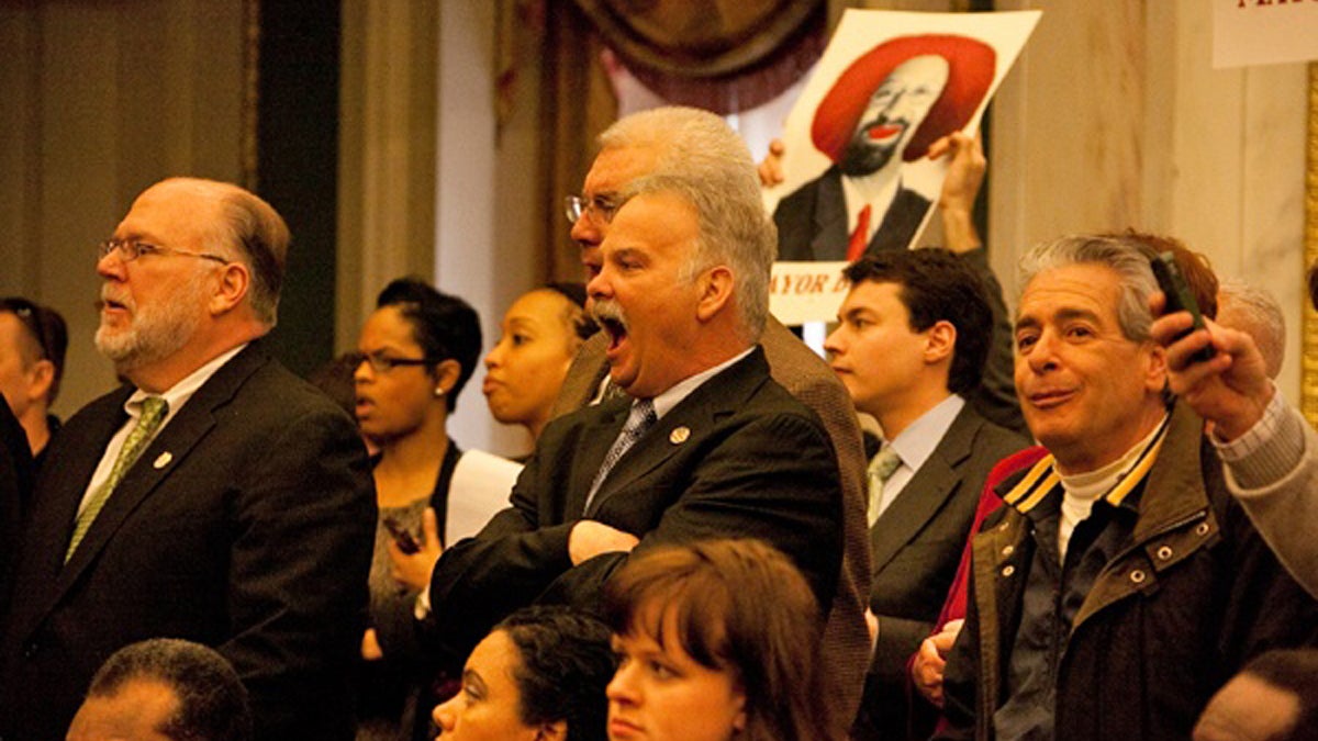  A scene from last year's budget address. When Nutter gave his speech, furious city workers shouted so loudly that he had to finish the address in another room. (NewsWorks Photo, file) 