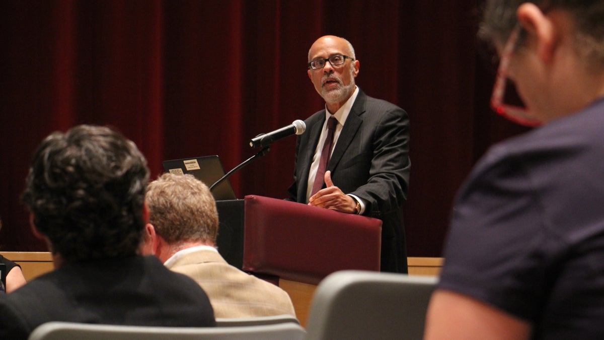Lower Merion schools Superintendent Robert Copeland defends the district's budgeting practices during a 2016 school board meeting after a judge ruled that the district misled taxpayers. (Emma Lee/WHYY)