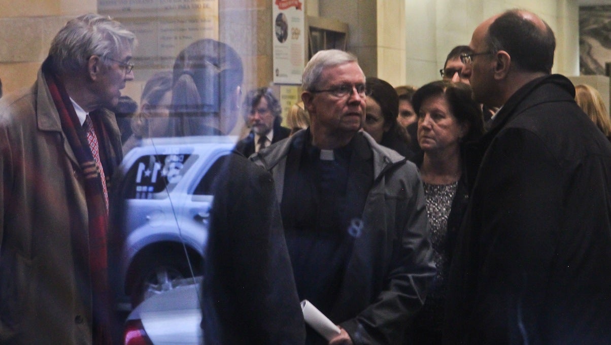  Monsignor William Lynn appears in court for the first time since his conviction was overturned. Lynn is in court to review the terms of his release. (Kimberly Paynter/WHYY) 