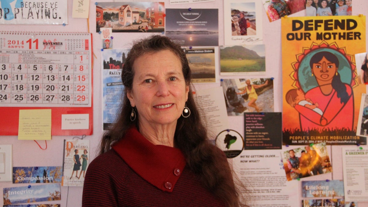  Elder-activist Lynne Iser has papered a wall of her home office in Mt. Airy with mementos of the many causes she has supported. (Emma Lee/WHYY) 