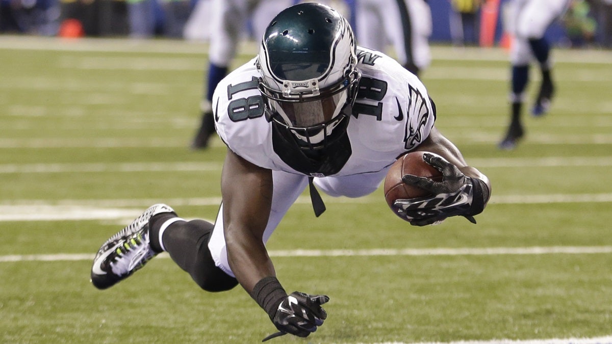  Philadelphia Eagles wide receiver Jeremy Maclin (18) makes six yard touchdown reception during the second half of an NFL football game against the Indianapolis Colts Monday, Sept. 15, in Indianapolis. (AP Photo/AJ Mast) 