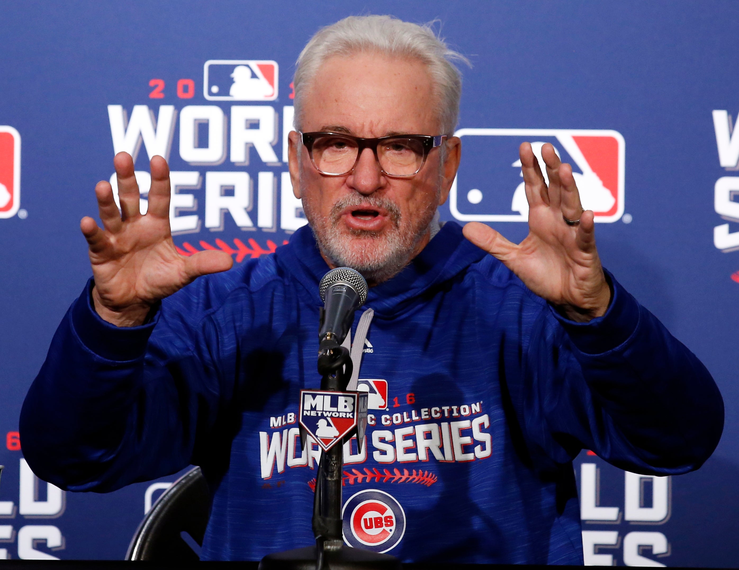 Chicago Cubs manager Joe Maddon answers a question during a news conference before Friday's Game 3 of the Major League Baseball World Series against the Cleveland Indians