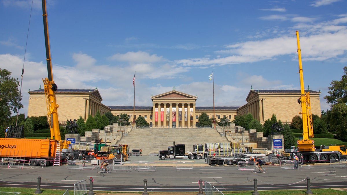  Work crews continue to clean up the Benjamin Franklin Parkway after the Made In America Concert that was held over Labor Day Weekend.  (Nathaniel Hamilton/For NewsWorks) 