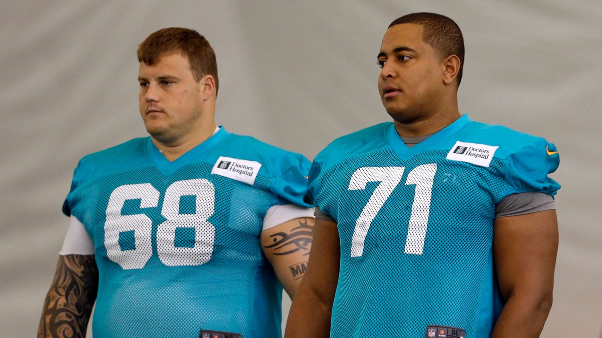  Richie Incognito (68) and tackle Jonathan Martin (71) stand on the field during an NFL football practice with the Miami Dolphins. (AP Photo/Lynne Sladky) 