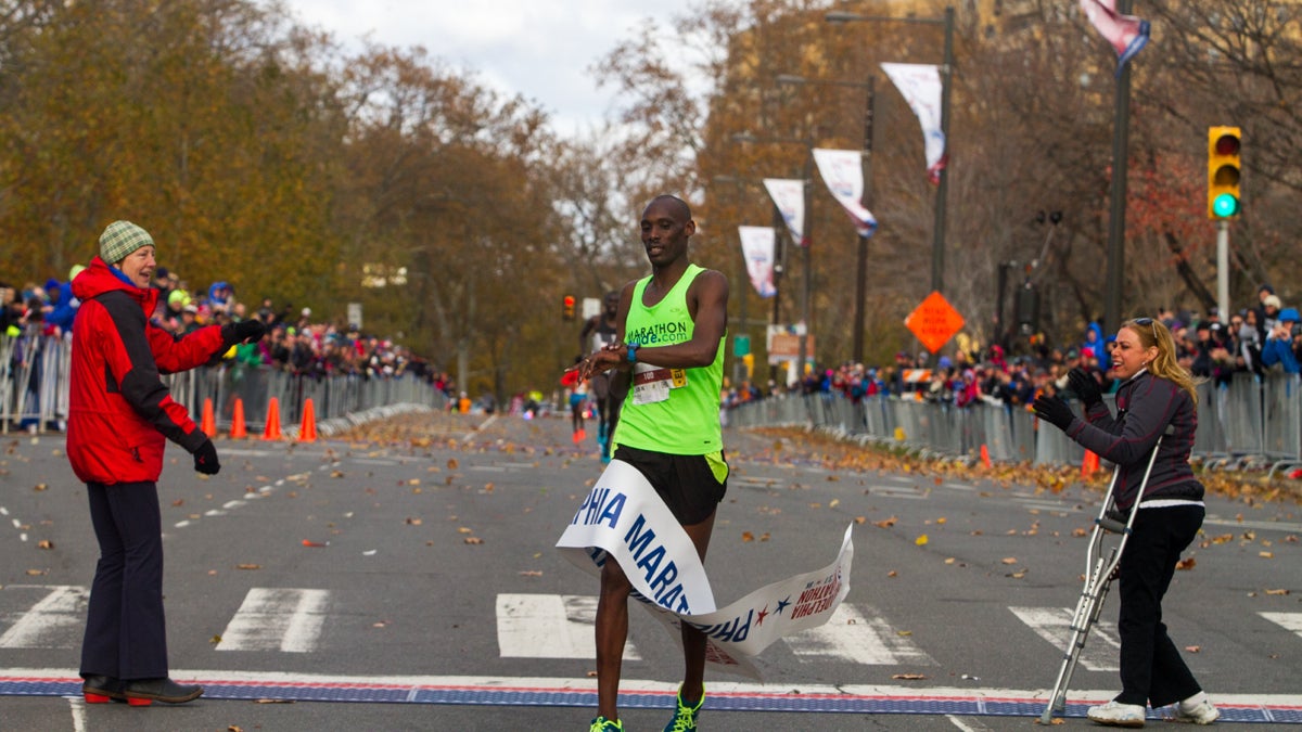 Kimutai Cheruiyot of Kenya wins the men's division and set a course record with a time of 2:15:32. (Brad Larrison for NewsWorks)