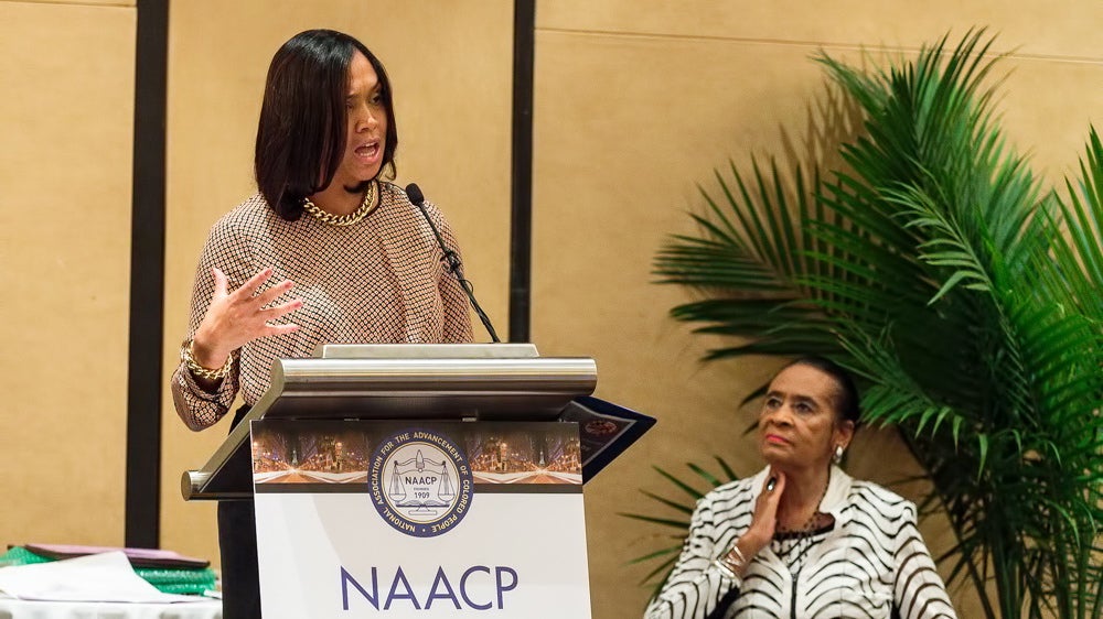  Baltimore State Attorney Marilyn Mosby delivers the keynote address during the Women in NAACP Empowerment Forum and Brunch in Philadelphia. (Jack Dugan/for NewsWorks) 